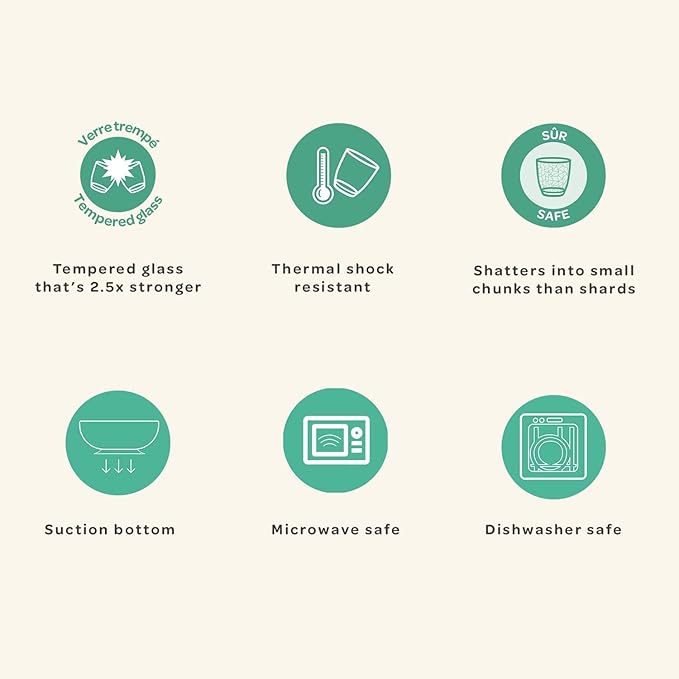 BEABA 3-Piece Glass Meal Set with Suction Pads, Toddler Plate and Baby Bowls with Suction, Non Slip Kids Dinnerware Set, 2.5x Stronger than Regular Glass, Eucalyptus