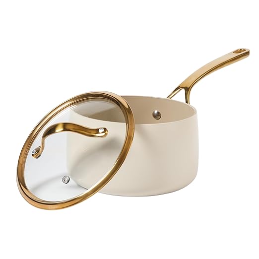 bloomhouse - Two Time Oprah's Favorite Things Winner - 3 Quart Heavy Duty Aluminum Premium PFA Free Ceramic Nonstick Saucepan with Lid - Almond Cream w/Gold Handle