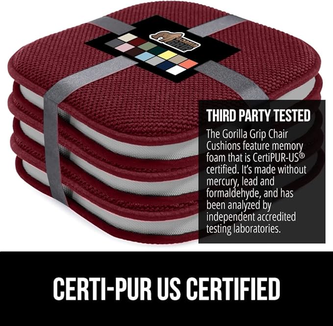 GORILLA GRIP Slip Resistant Chair Cushions, No Ties Required, Memory Foam Pads for Dining Room, Kitchen Table, Office, Rocking Chairs, Plush Seat Cover Cushion Pad, Home Decor, Set of 4 16x16, Wine