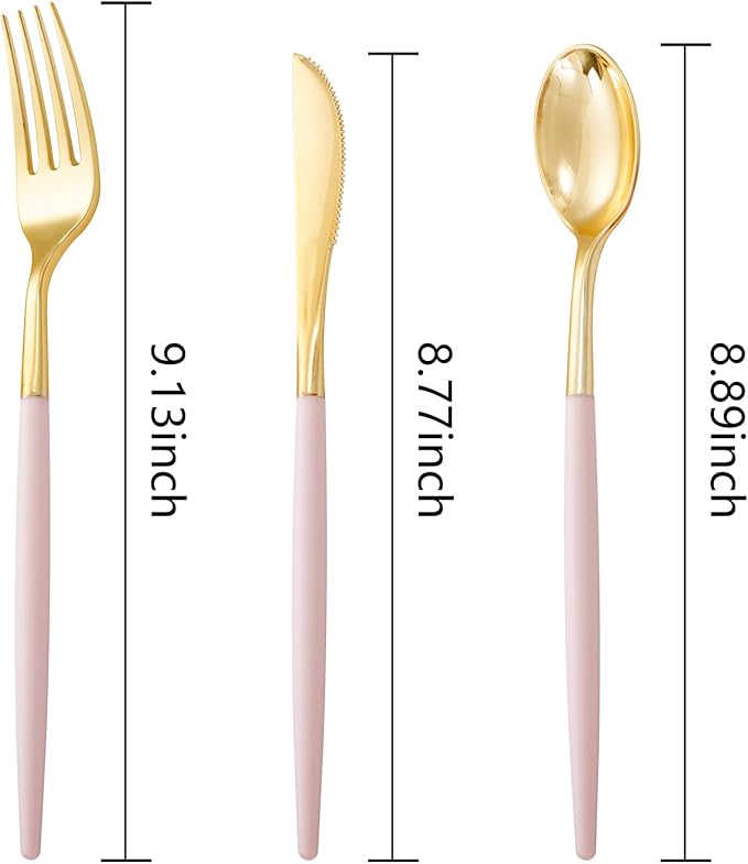 I00000 60 Pack Pink Plastic Silverware,Gold Disposable Flatware with Pink Handle, Gold Plastic Cutlery Set Includes: 20 Forks, 20 Knives and 20 Spoons, Tableware Set for Party and Wedding