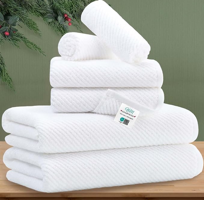 VOOVA & MOVAS White Towels Bathroom Sets - 100% Cotton | Quick Dry | Lightweight | Thick, 6PCS Bath Towels Set, 2 Large Bath 30"x56", 2 Hand 18"x28", 2 Wash Cloths 13"x13", Hotel Shower Towel Luxury