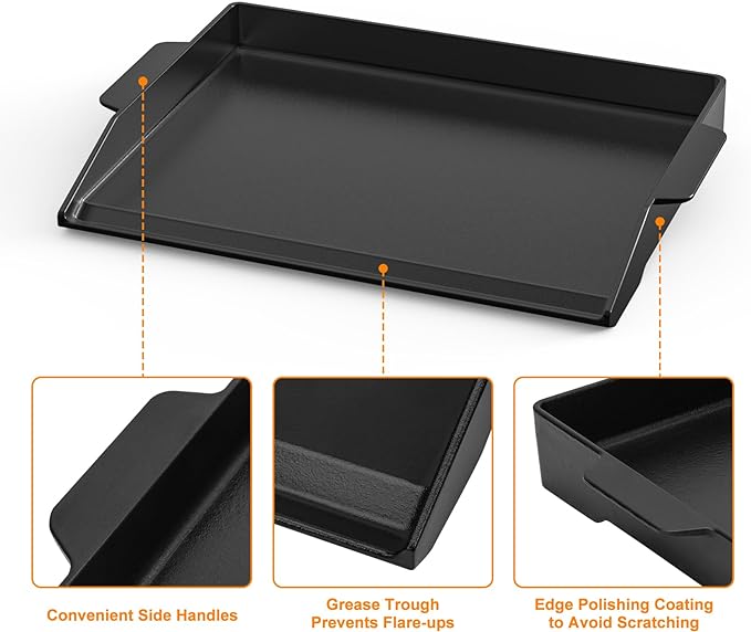 Onlyfire Universal Cast Iron Cooking Griddle, Pre-Seasoned Nonstick Coating Griddle Flat Top Grill Plate with Extra High Sidewalls for All Gas Grills and 4 Burner Range Oven, 23" x 16"