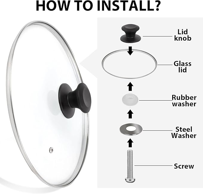 11 inch Tempered Glass Lid for Pots, Frying Pans and Skillets, Replacement Cover with Heat Resistant Black Knob Handle, Dishwasher Safe