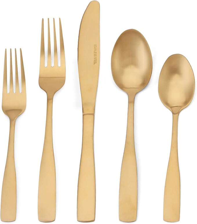 Matte Gold Silverware Set, Satin Finish 40-Piece Stainless Steel Flatware set, Tableware Cutlery Set Service for 8, Utensils for Kitchens, Dishwasher Safe
