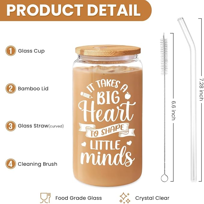 SANDJEST Teacher Gifts for Women - 16 Oz Can Glass Coffee Cup with Straws - Teacher Appreciation Gift for Women on Birthday Back To School