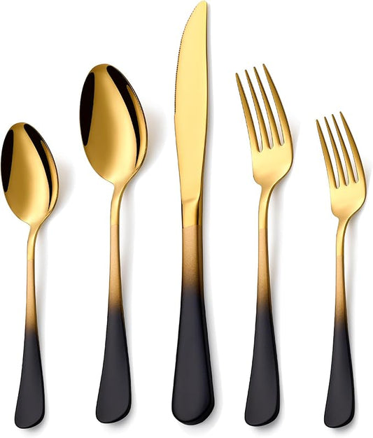 20 Piece Black Gold 18/0 Flatware Utensil Set for 4, Include Dinner Knife,Dinner Forks,Dinner Spoons,Salad Forks,Teaspoons,Silverware Set for 4, Dishwasher Safe