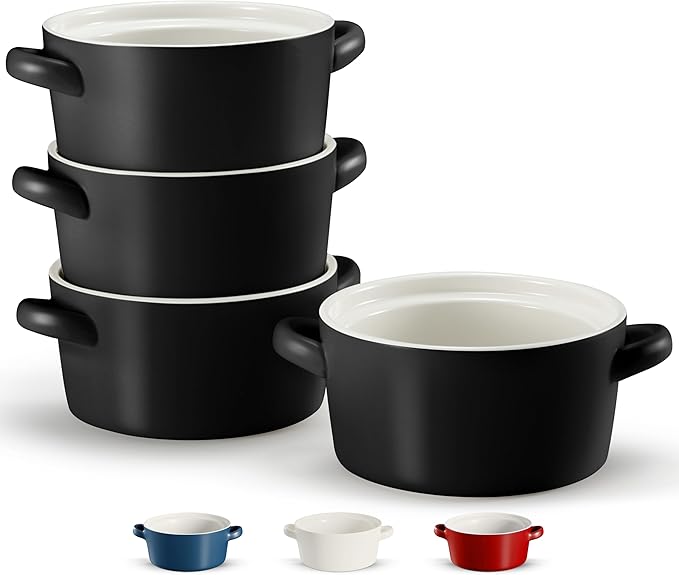 Kook Soup Crocks, Ceramic Stackable Bowls, Broil, Oven, Microwave and Dishwasher Safe, with Handles, For Casserole, Pasta, Cereal, Capacity 18 oz, Set of 4, (Matte Black)
