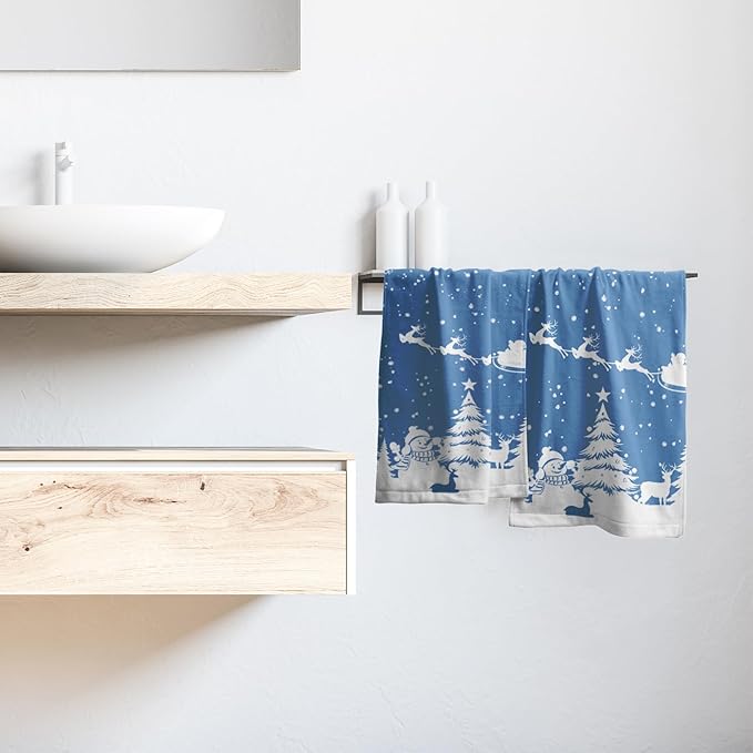 Imiss Snowman Xmas Tree Hand Towels Set of 2 - Christmas Elk Reindeer Bathroom Guest Towel 14.4 x 28.3 Inch Blue Decorative Snowflakes Washcloth for Winter Holiday Kitchen Gift