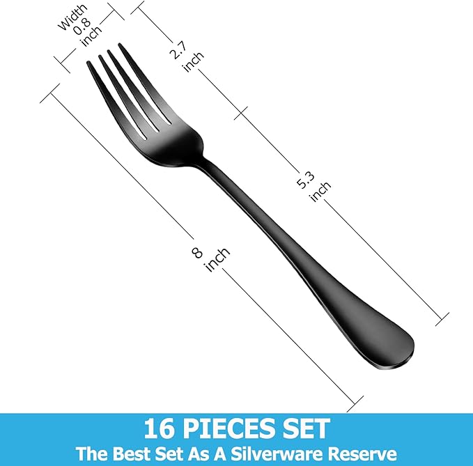16 Piece Black Dinner Forks Set, Food-Grade Stainless Steel Silverware Forks, Cutlery Fork, Metal Fork for Home, Kitchen or Restaurant, Mirror Polished, Dishwasher Safe - 8 Inch