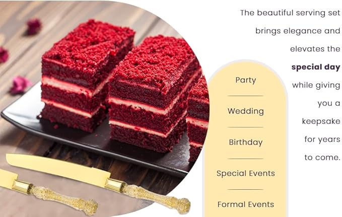 Wedding Cake Knife and Server Set, Cake Cutter and Pie Spatula, Cake Server and Knife Set of 2 with Plastic Handles, Titanium Gold Plated Blades, Cutting Set for Birthdays, and Parties (Glitter Gold)