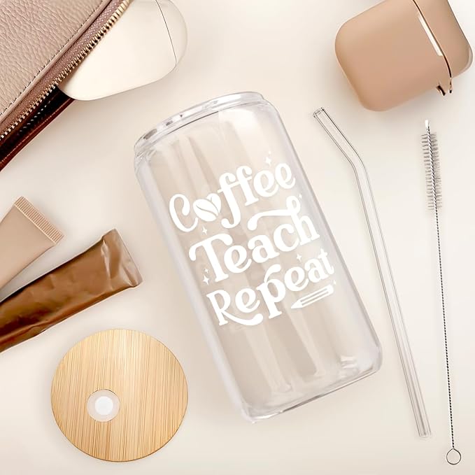 SANDJEST Teacher Glass Can, Coffee Teach Repeat Cup, Coffee Aesthetic Cups, Gift for Christmas Thanksgiving Birthday Teacher Appreciation, Gifts for Women, 16oz