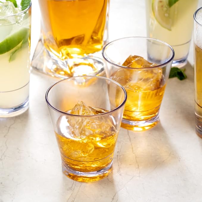 Bev Tek 9 Ounce Plastic Drinking Glasses, 12 Reusable Plastic Cocktail Cups - Shatterproof, Clear Plastic Old Fashioned Glasses, Dishwashable, Stackable - Restaurantware