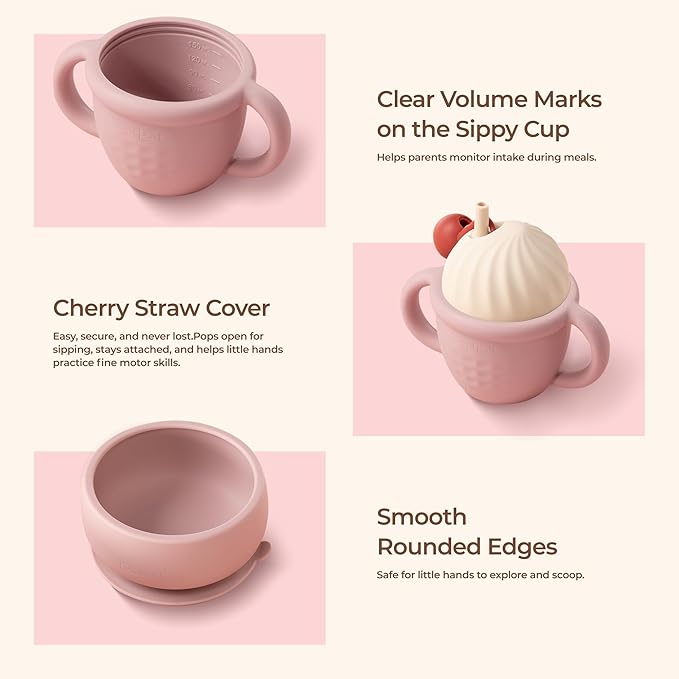 Silicone Baby Feeding Set, Gelato Collection Baby Led Weaning Supplies, First Self-Feeding Set with Suction Bowl & Plate, Sippy Cup & Bib, Fork & Spoon,