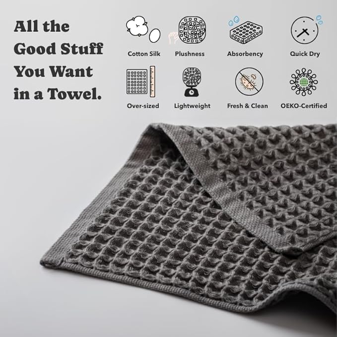Luxury Organic Japanese Cotton Waffle Bath Towel | Thick, Absorbent, Quick Dry Bathroom Towels for Shower, Sauna, Onsen| Hotel & Spa Quality, Gift-Ready (Smoke Grey, Bath Sheet, 67" x 34")