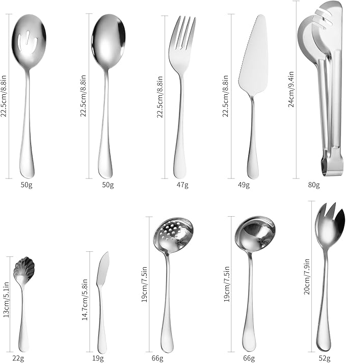 Stainless Steel Serving Utensil Set 10-Piece Buffet Flatware Catering Silverware with Bread Tong,Cake Spatula,Serving Ladles,Salad Fork,Cheese Knife,Large Spoon for Parties Buffet