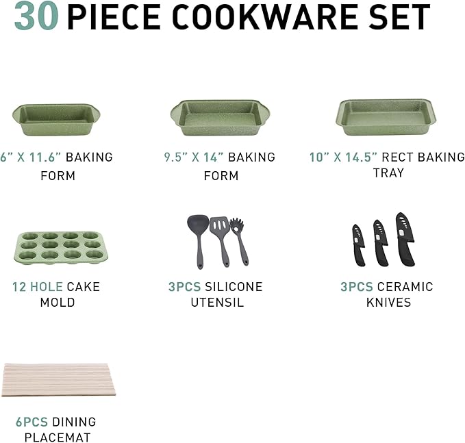 MAISON ARTS 30 Piece Pots and Pans Set Non Stick, Kitchen Cookware & Bakeware Sets with Nonstick Granite Coating, Baking Tray, Frying Pan and Saucepan, Green