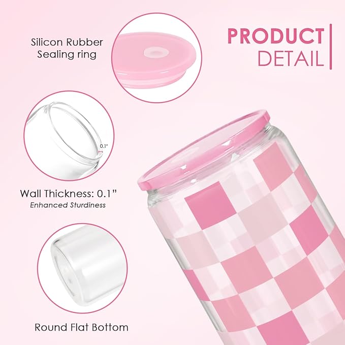 Checker 16 Oz Can Glass Tumbler with Acrylic Lid and Straw - Iced Coffee Cups for Women, Aesthetic Glass Cup Gift for Birthday Christmas