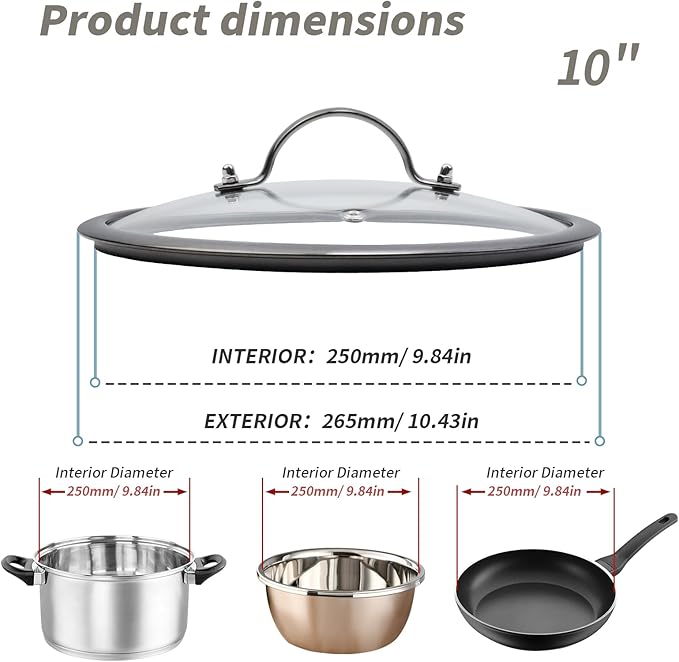 10" Tempered Glass Pan Lid with Steam Vent, Thickened to 4mm and Dishwasher Safe and Oven up to 480℉, Universal Lid Fit for Cast Iron Skillets, Frying Saute Pan, Cooking Pot