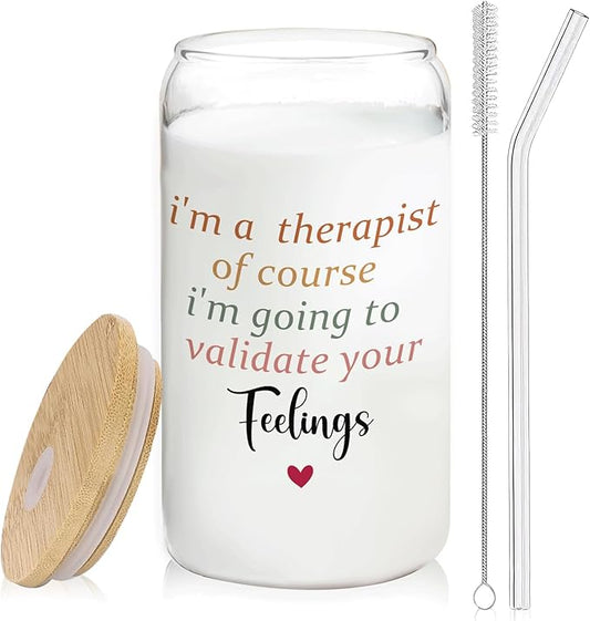 Therapist Gifts Glass Cup with Lids and Straws 14oz, Mental Health Therapist Gifts for Women Female, Mental Health Glass Iced Coffee Tumbler Drinking Jars with Cleaning Brush