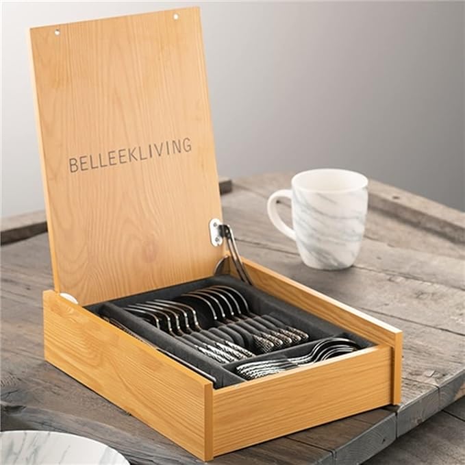 Belleek Nordica 24-Piece Cutlery Set - Polished 18/10 Stainless Steel Flatware Set - Dishwasher Safe Utensils with Wooden Utensil Organizer
