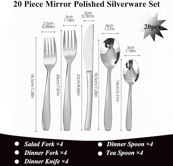 Silverware Set, 20-Piece Flatware Set Cutlery Set Premium 18/0 Stainless Steel,Including Steak Knife Fork and Spoon,Dishwasher Safe,for Home Kitchen Restaurant Wedding