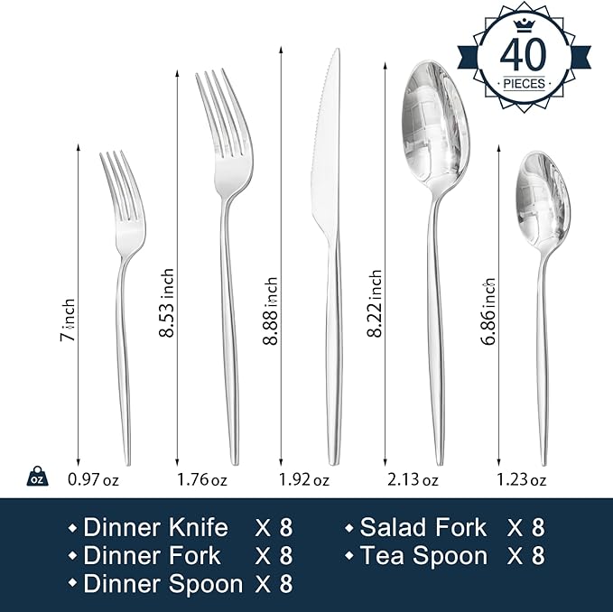 KINGSTONE Silverware Set, 40-Piece Flatware Set Cutlery Set Premium 18/10 Stainless Steel, Tableware Include Forks Knives Spoons for Home Kitchen Restaurant Wedding, Dishwasher Safe