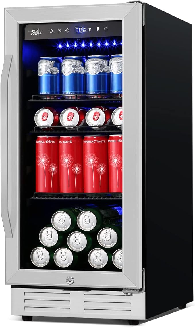 15 Inch Beverage Refrigerator and Cooler - 125Cans Capacity Mini Beer Drink Fridge with Glass Door and Lock Under Counter Built-in or Freestanding - for Soda, Beer, Wine - for Home Bar Kitchen