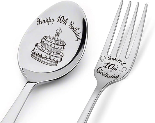Happy 10th Birthday Spoon&Fork Gifts Engraved Spoon&Fork Personalized Birthday Gifts for Son Daughter Sister Brother Friends