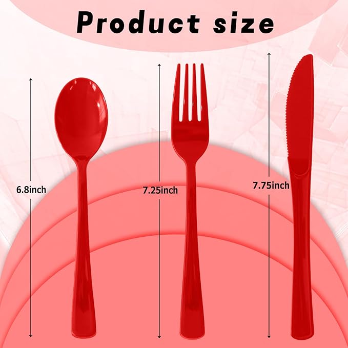 300 Pack Disposable Plastic Silverware, Heavy Duty Red Plastic Cutlery Set Includes 100 Forks 100 Knives 100 Spoons for Birthday Wedding Party Picnics (300, Red)