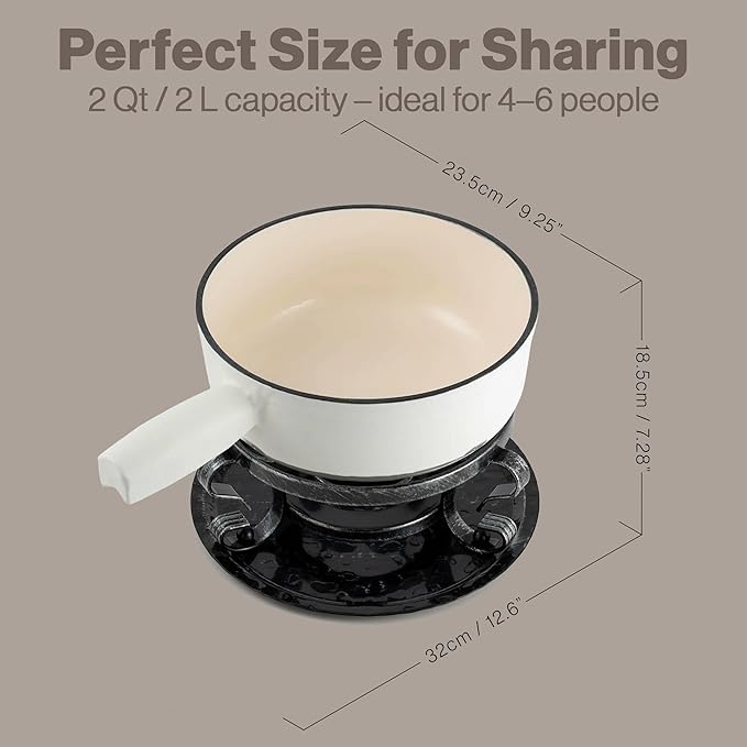 Swissmar Lugano Cast Iron Cheese Fondue Set, 9-Piece, 2 QT / 2 L - Ideal for Melting Cheese, Chocolates, Caramel, & More - Perfect for Kitchen Collection & Gift Giving - Matte White