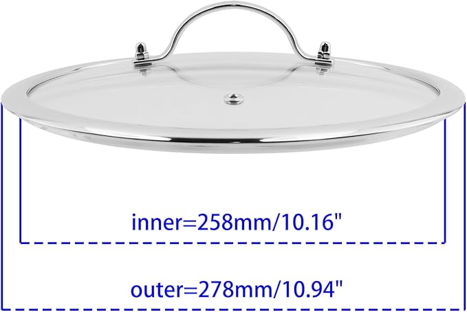 Woogim 10.5 Inch Thickened Tempered Glass Lid with Ergonomic Stainless Steel Grip,Dishwasher Safe and Oven Up to 480℉,Wide Edge Cover for Frying Pans,Sauce Pots & Woks