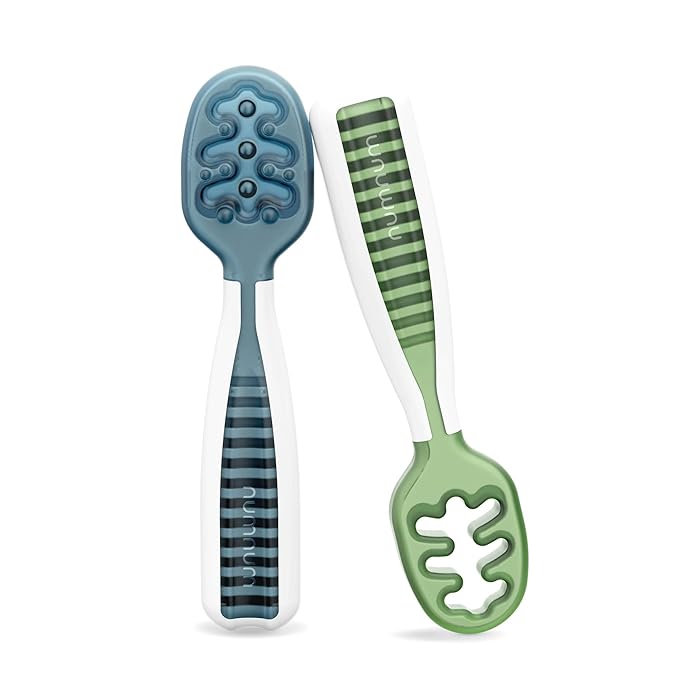 NumNum Baby Spoons Set, Baby Essentials Pre-Spoon GOOtensils for 6+ Months, First Stage Self-Feeding Spoons for Baby Led Weaning (BLW), Silicone Toddler Utensils, BPA-Free, 2 Pack Blue/Green