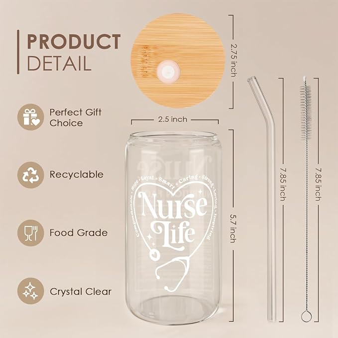 SANDJEST Nurse Life Glass Can Cup with Lid & Straw, Iced Coffee Aesthetic Cups, Idea Gift for Christmas Birthday Mother Day Nurse Week, Gifts for Women Friends, 16oz