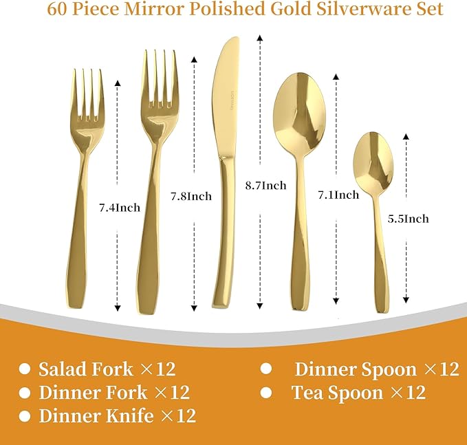 Gold 60 Piece Silverware Set,Stainless Steel Flatware Set for 12,18/0 Rust-Proof Cutlery Set with Forks & Spoons,Mirror Polished Dishwasher Safe - Heavy Duty Tableware for Home & Dining
