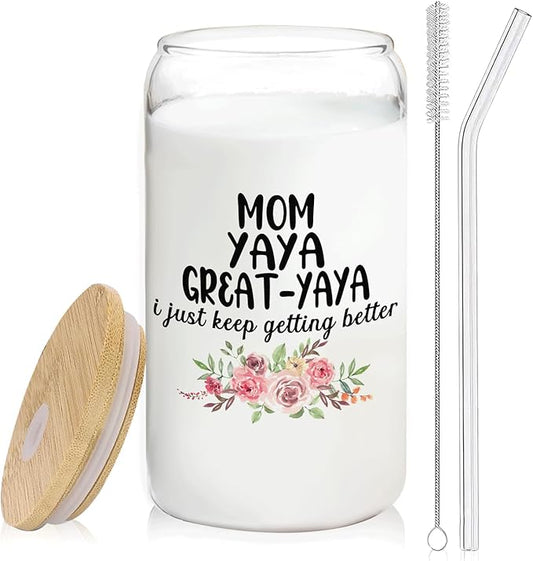 Christmas Grandma Gifts For Mom Yaya Great Yaya Glass Coffee Cup With Lid And Straws 14oz - christmas Glass Cup gifts For Grandmother