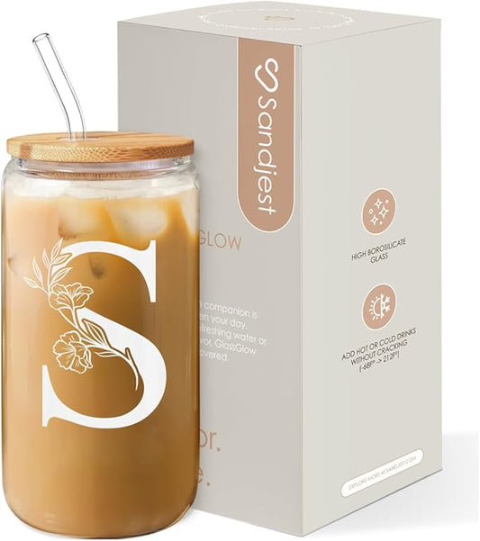 SANDJEST Monogrammed Gifts for Women - Monogram S Initial Glass Cup 16 Oz Can Coffee Cups with Lid and Straw - Monogram Initials Gifts for Womens on Birthday
