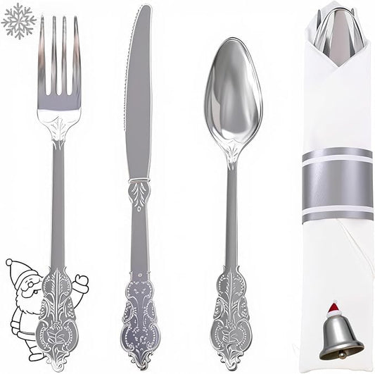WELLIFE 50 Pack Silver Plastic Silverware,Christmas Utensils, Wrapped Silverware Set Disposable,Include 50 Forks, 50 Knives, 50 Spoons and 50 Napkins, Disposable Cutlery for Party and Christmas