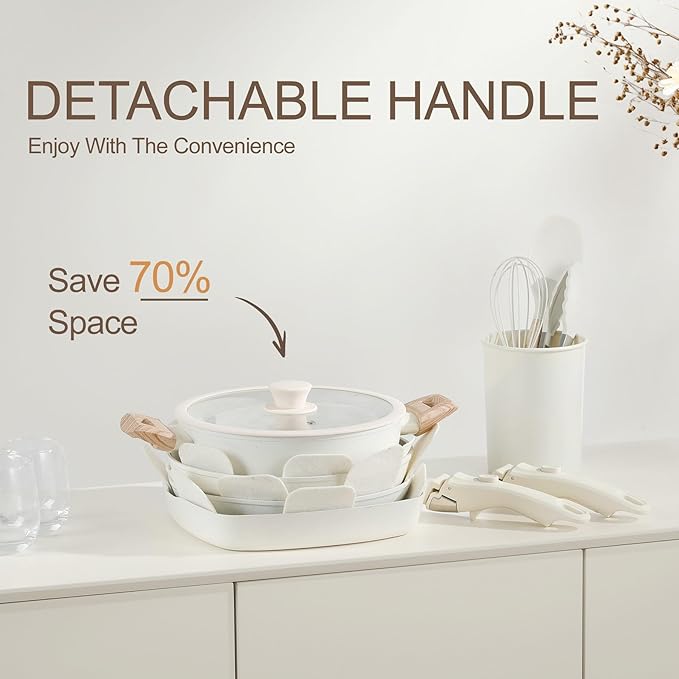 23PCS Ceramic Pots and Pans Set,Nonstick, Removable Handle Pots and Pans Set, Stackable Pan Set, Ceramic Nonstick Pan Non Stick for Easy Cooking