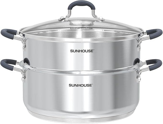 SUNHOUSE - 5.5 Quart Steamer Pots With Lid 2-Tier Multipurpose Stainless Steel Steaming Pot Cookware With Handle For Vegetable, Dumpling, Sauce, Food - Triple Bottom, Measurement Line