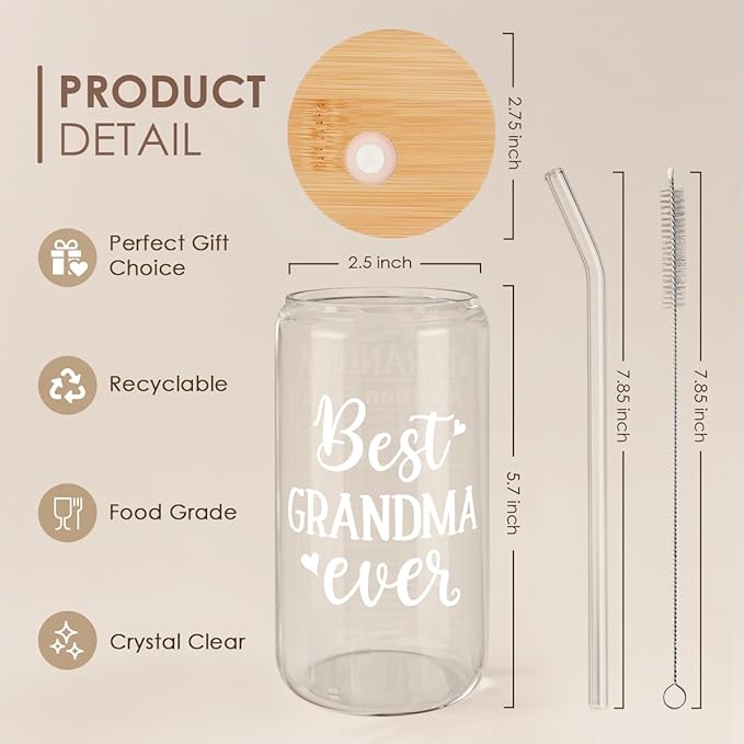 Grandma 16 Oz Can Glass Tumbler with Bamboo Lid and Straw - Iced Coffee Cups for Women, Aesthetic Glass Cup Gift for Grandmother Nana Birthday Christmas Mother's Day