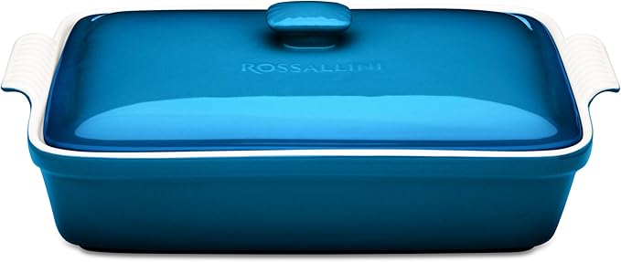 Stoneware Casserole Dish Bakeware Set with Lid, Covered Rectangular Dinnerware, Large 3.2 Quart, 11 by 9 Inch [Ocean Blue]