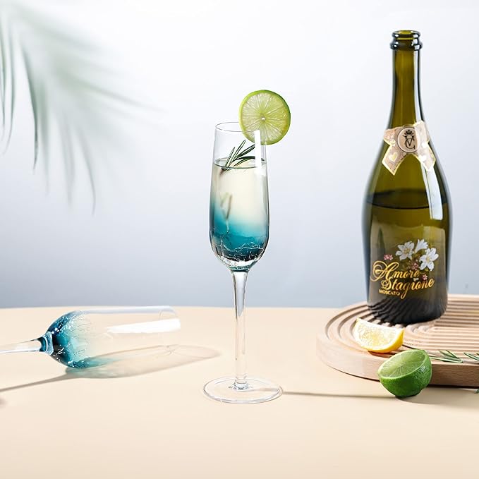 Joeyan Handmade Blue Crackle Champagne Flutes Glasses,Unique Aesthetics Glassware Art Decoration,Home Bar Essentials and Gifts for Wedding Anniversary,Set of 2,6.5 oz