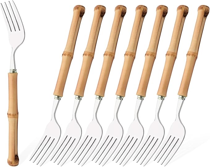 Dinner Fork Set, 8-Piece Natural Bamboo Forks, 18/8 Stainless Steel with Bamboo Handle, Silver Mirror Finish, Unique Design, 8.27 Inch
