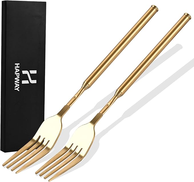 2 PCS Extendable Fork, Expandable Fork for Prank/Jokes, Extended Extending Extend Extender Extension from 8.7" to 25.4" Extra Long, Stainless Steel Telescopic/Telescoping/Retractable Forks. Gold