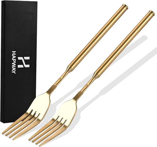 2 PCS Extendable Fork, Expandable Fork for Prank/Jokes, Extended Extending Extend Extender Extension from 8.7" to 25.4" Extra Long, Stainless Steel Telescopic/Telescoping/Retractable Forks. Gold