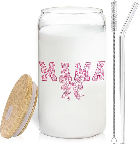 Pink Bow Mama Glass Cup with Lids and Straws 14oz, Best Mother's Day Birthday Gifts for Mama Mom Gifts from Daughters Sons Glass Iced Coffee Tumbler Drinking Jars with Cleaning Brush