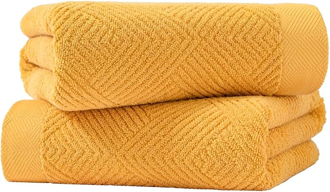 sense gnosis Yellow Bath Towels Set of 2 Striped Weave 100% Terry Cotton Towel Super Soft Highly Absorbent Bath Towel for Bathroom 27" X 55"