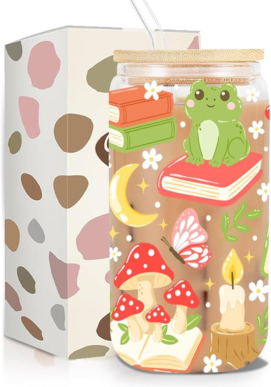 Whimsical Bookish Forest Iced Coffee Cup, Fantasy Cottagecore Glass Tumbler, 16 oz Cozy Reading Coffee Glass Cup with Lid Straw, Christmas Stocking Stuffers, Enchanted Book Lover Gift