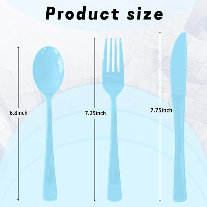 150 Pack Disposable Plastic Silverware, Heavy Duty Light Blue Plastic Cutlery Set Includes 50 Forks 50 Knives 50 Spoons for Birthday Wedding Party Picnics (150, Light Blue)