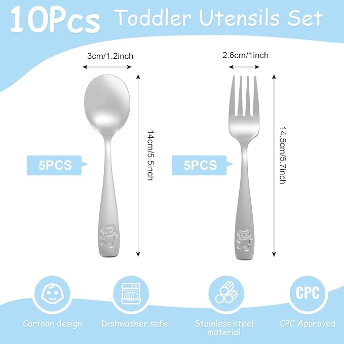 10 Pieces Toddler Utensils Kids Silverware Set, Kids Silverware Stainless Steel Childrens Safe Flatware Metal Baby Utensils Set Small Forks and Spoons for Self Feeding, Dishwasher Safe